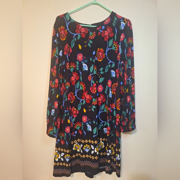 Loft M Stained Glass Floral Swing Dress Black floral longsleeve mini boho - Picture 2 of 7